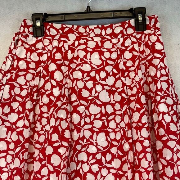 TALBOTS Midi Skirt 6P Red White Floral Print Cotton Lined A-Line Tie Textured - Picture 4 of 13